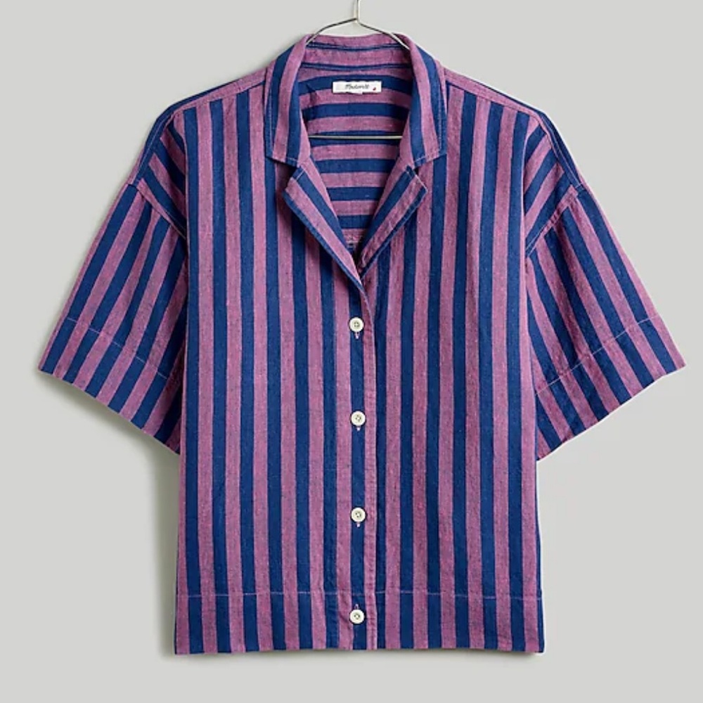 Madewell 100% Linen Button-Up Camp Shirt in Dusty Twilight Stripe